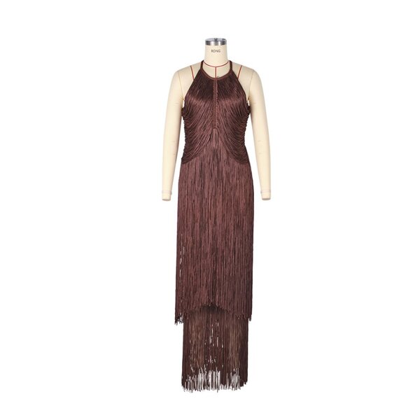 🤎 STUNNING Chocolate Brown Fringe Halter Gown - Picture 5 of 8